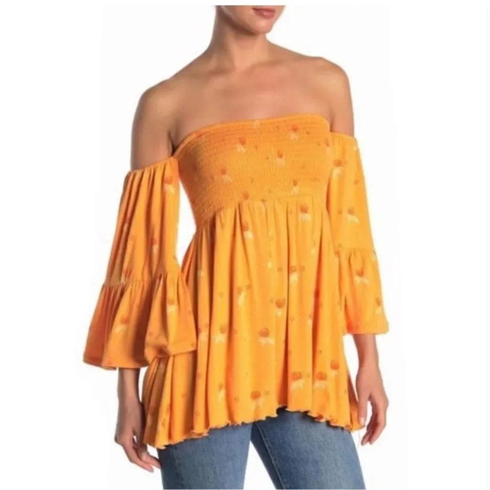 Free People Womens Lana Orange Floral Smocked Blouse Top size S